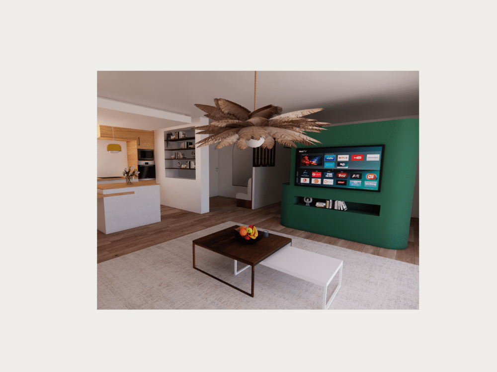 Optez pour une rénovation maitrisée. 14 Vue d d'une cuisine ouverte sur séjour avec un bloc indépendant TV / bureau