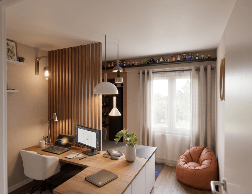 Transformation Leroy 11 aménagement d'une chambre en un espace de travail contemporain avec bureau en bois, double écran, chaise blanche et éclairage design