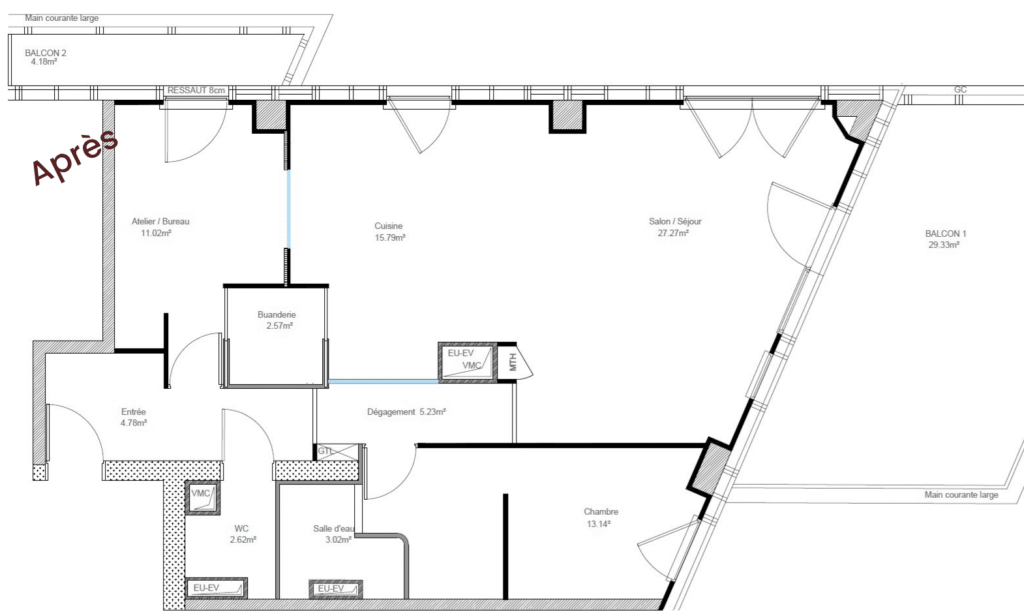 Transformation Leroy 3 Plan appartement rénové, optimisé, avec buanderie et atelier créatif