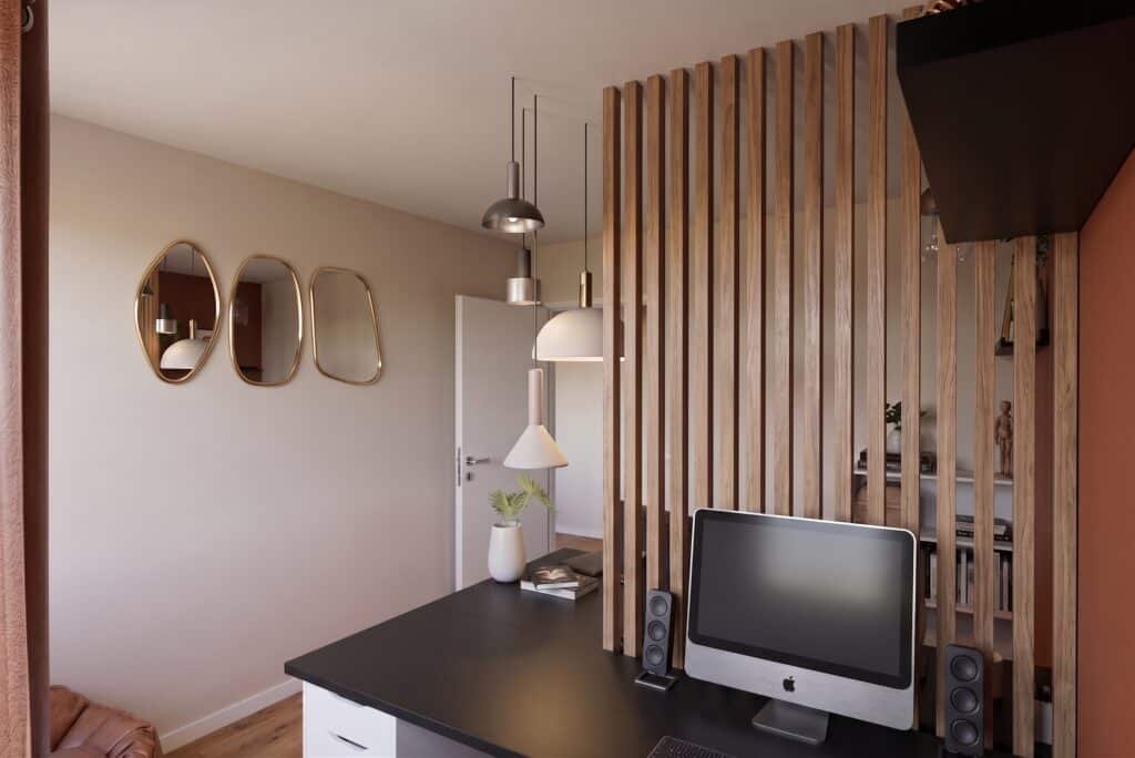 Projet Goullieux 5 Espace de travail moderne avec bureau en bois, chaise blanche, ordinateur, éclairage design et décoration minimaliste