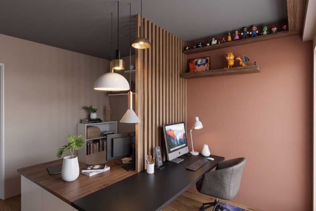 Projet Goullieux 4 chambre transformé en un Espace de travail moderne avec bureau en bois, iMac, éclairage suspendu et étagère décorative avec figurines