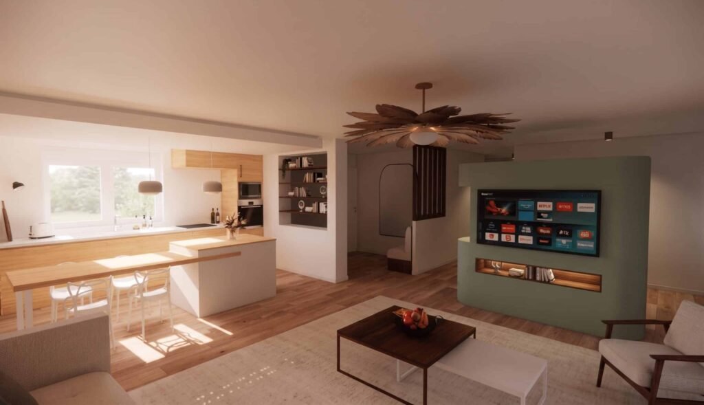 Transformation Leroy 10 salon ouvert sur la cuisine avec une boite qui fait office de bureau et rangement tv